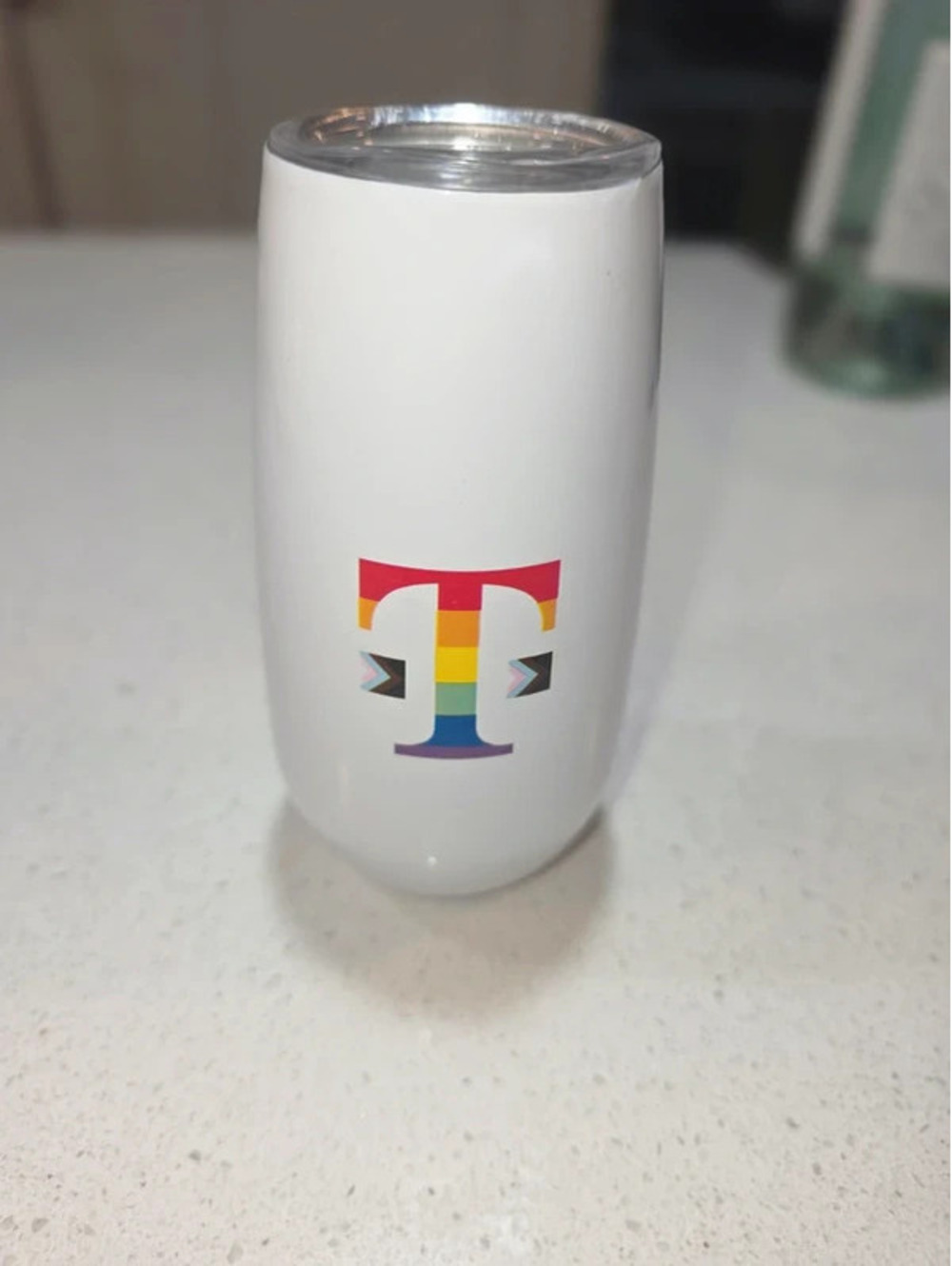 Tervis White Stainless Steel Insulated Tumbler with Rainbow T Logo and Clear Lid